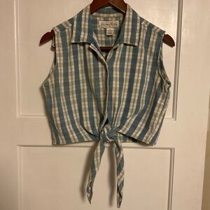 Anchor Blue Plaid Shirt Sleeveless, Button up Front Tie Front Crop Medium